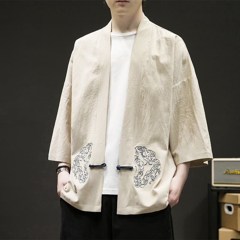 Buddha Stones Chinese Frog-Button Design Open Front Jacket Men's Cotton Linen Long Sleeve Kimono - Beige - US/UK/AU46,EU56 (5XL) - image 9