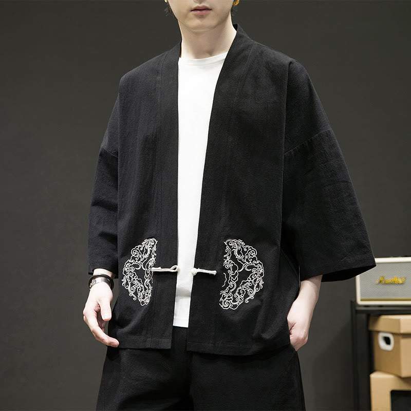 Buddha Stones Chinese Frog-Button Design Open Front Jacket Men's Cotton Linen Long Sleeve Kimono - Black - US/UK/AU46,EU56 (5XL) - image 1