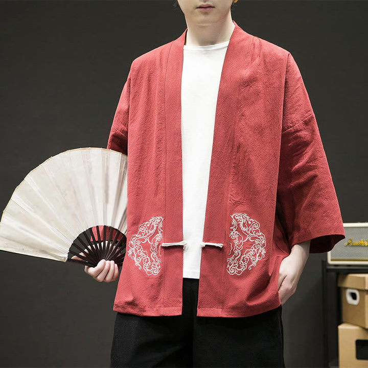 Buddha Stones Chinese Frog-Button Design Open Front Jacket Men's Cotton Linen Long Sleeve Kimono - OrangeRed - US/UK/AU46,EU56 (5XL) - image 14
