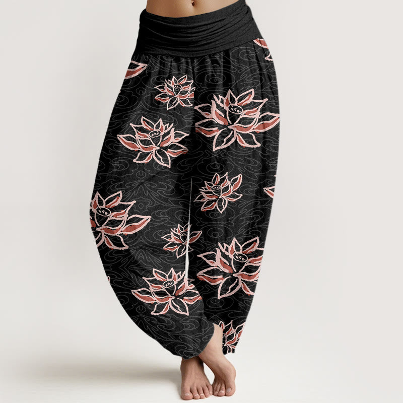 Buddha Stones Casual Lotus Line Pattern Women's Elastic Waist Harem Pants - Black - US22,UK/AU26,EU54 (6XL) - image 1