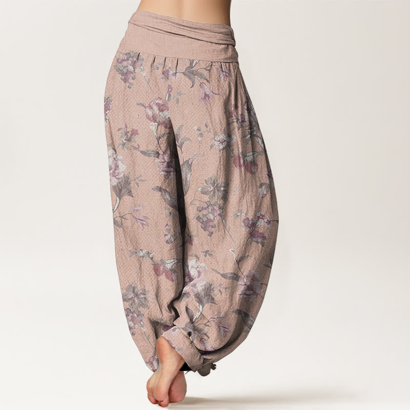 Buddha Stones Pure Cotton Casual Pink Flowers Pattern Women's Elastic Waist Harem Pants