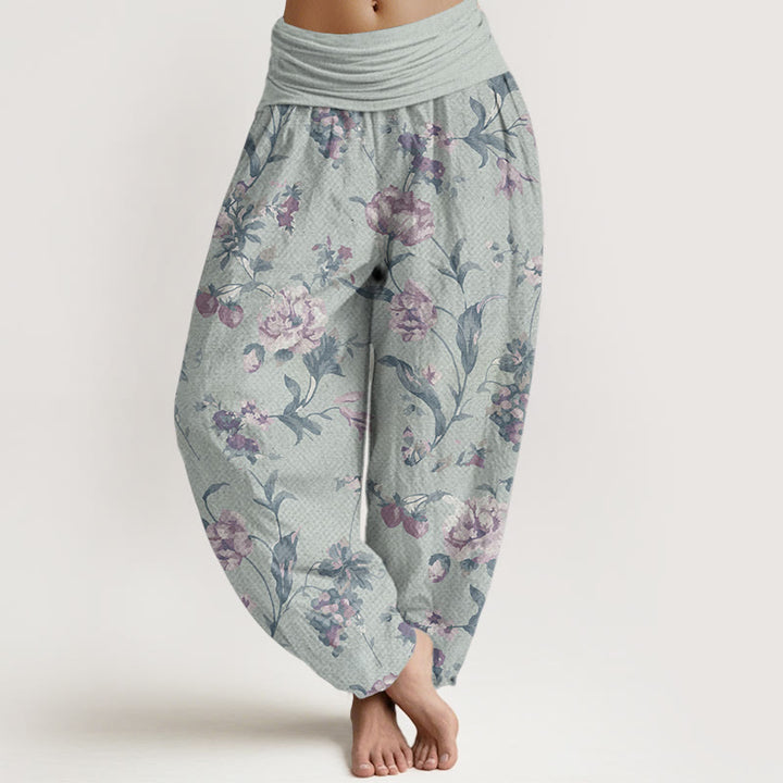 Buddha Stones Pure Cotton Casual Pink Flowers Pattern Women's Elastic Waist Harem Pants