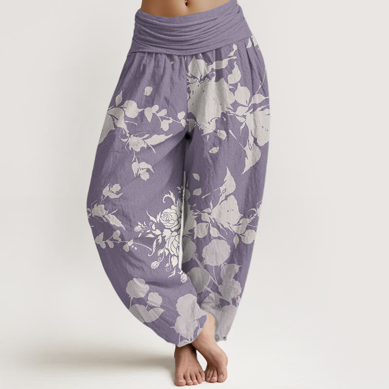 Buddha Stones Pure Cotton Blooming Budding Flowers Pattern Women's Elastic Waist Harem Pants