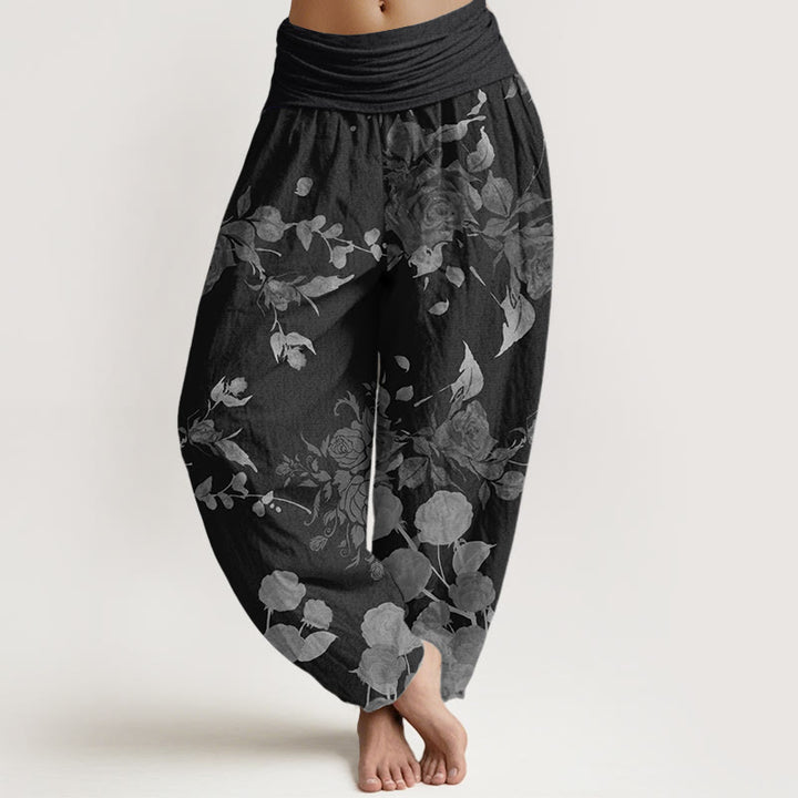 Buddha Stones Pure Cotton Blooming Budding Flowers Pattern Women's Elastic Waist Harem Pants