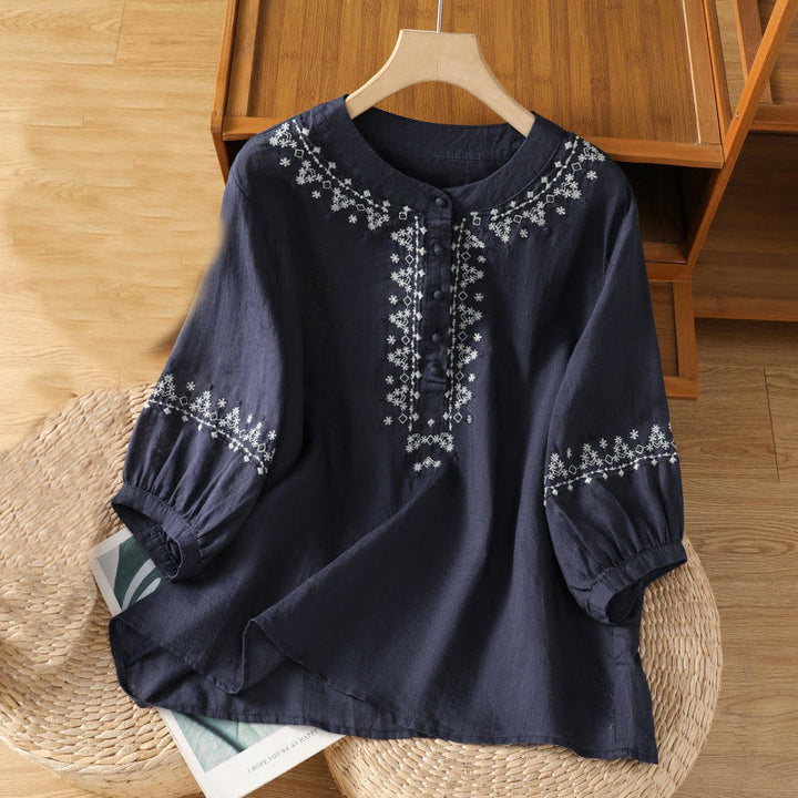 Buddha Stones Symmetrical Embroidery Cotton Women's Crew Neck Shirt - MidnightBlue - US14,UK/AU18,EU46 (2XL) - image 1