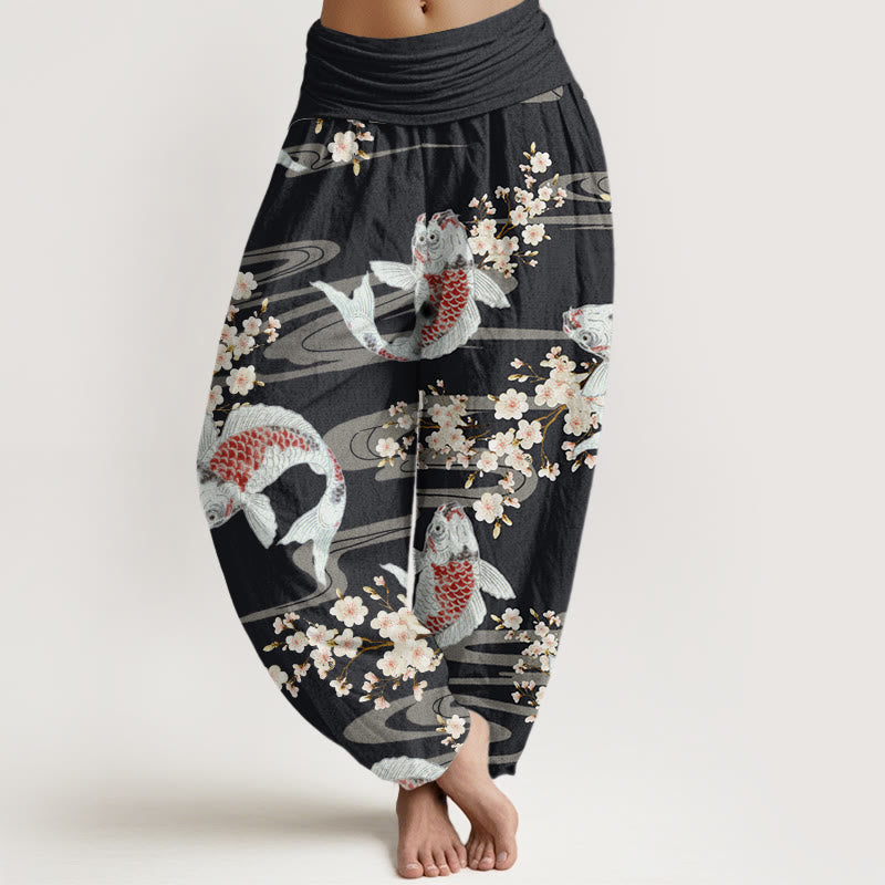 Buddha Stones Casual Cherry Blossoms Koi Fish Pattern Women's Elastic Waist Harem Pants - Black - US22,UK/AU26,EU54 (6XL) - image 1
