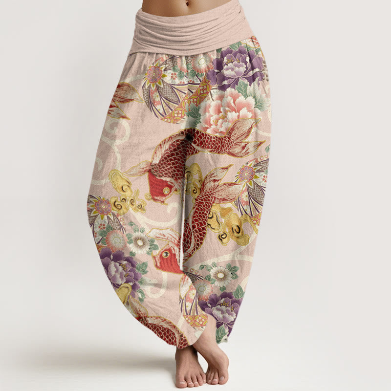 Buddha Stones Casual Floral Koi Pattern Women's Elastic Waist Harem Pants - Pink - US22,UK/AU26,EU54 (6XL) - image 1