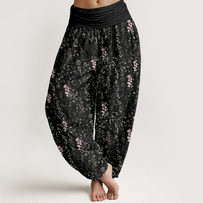 Buddha Stones Casual Tiny Flowers Pattern Women's Elastic Waist Harem Pants - Black - US22,UK/AU26,EU54 (6XL) - image 8