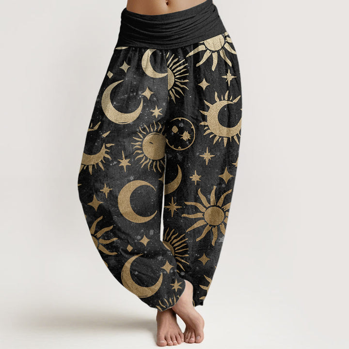 Buddha Stones Pure Cotton Crescent Moon Sun Stars Pattern Design Women's Elastic Waist Harem Pants