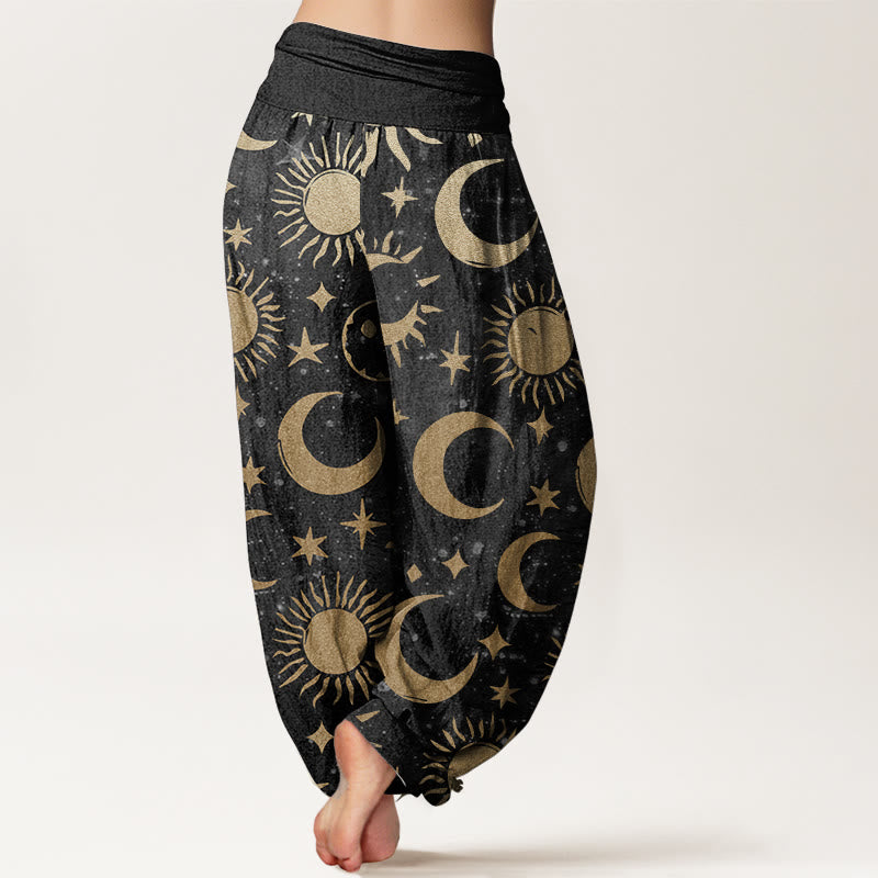 Buddha Stones Pure Cotton Crescent Moon Sun Stars Pattern Design Women's Elastic Waist Harem Pants