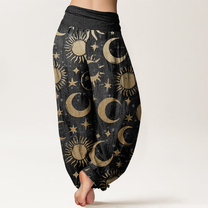 Buddha Stones Pure Cotton Crescent Moon Sun Stars Pattern Design Women's Elastic Waist Harem Pants