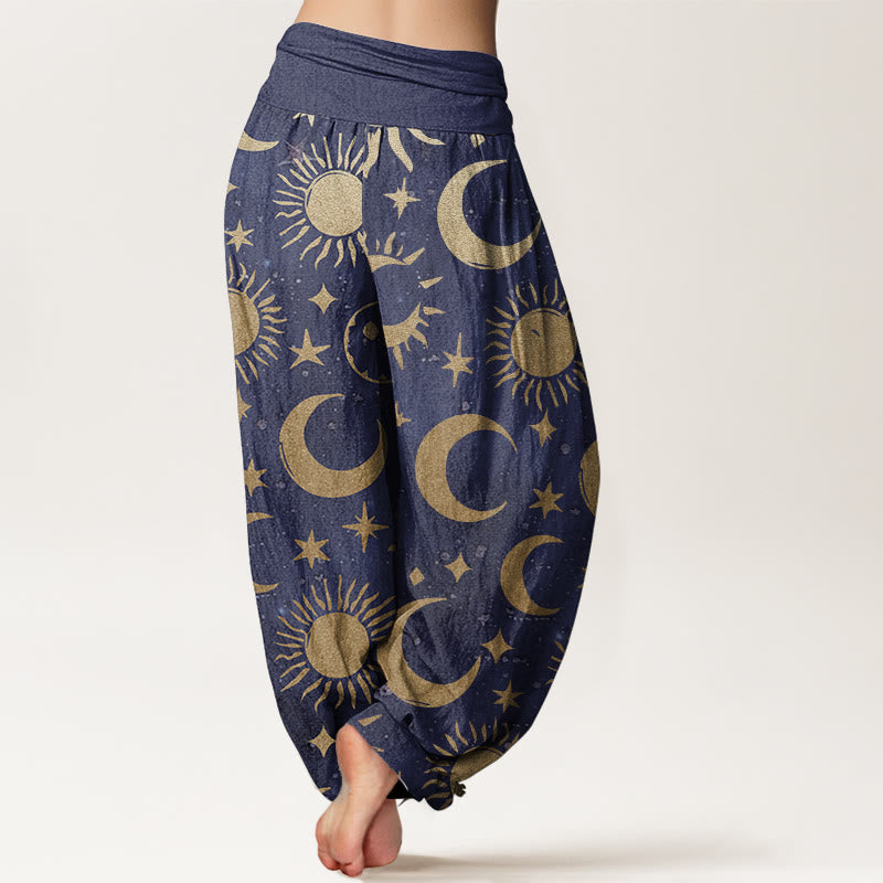Buddha Stones Pure Cotton Crescent Moon Sun Stars Pattern Design Women's Elastic Waist Harem Pants