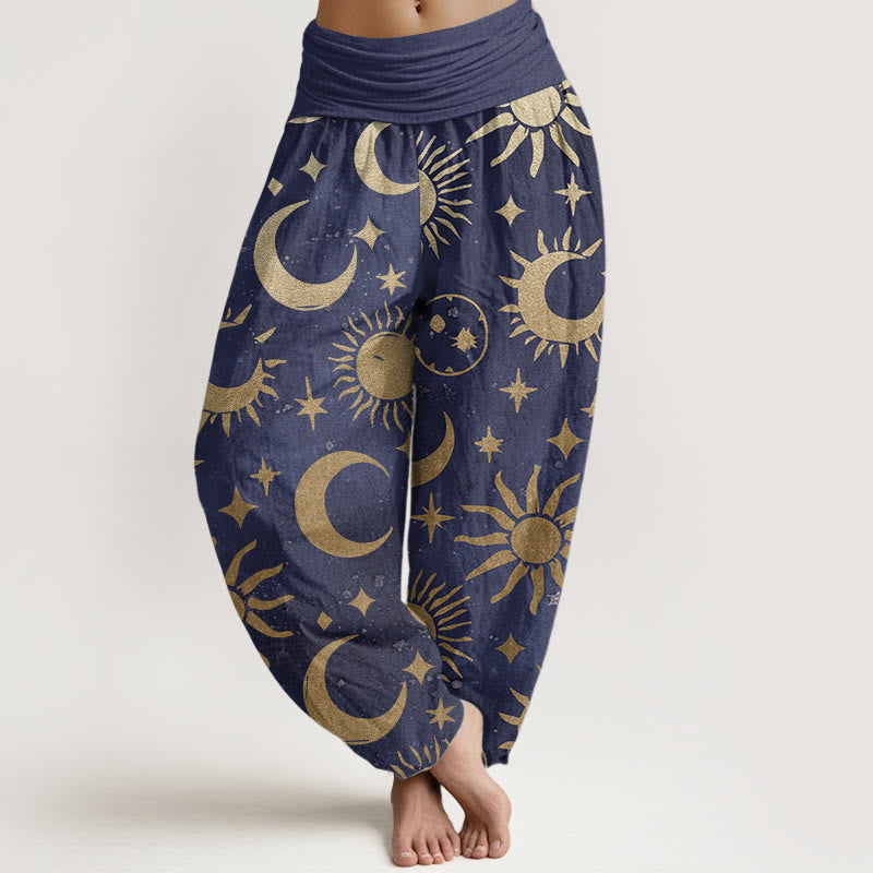 Buddha Stones Pure Cotton Crescent Moon Sun Stars Pattern Design Women's Elastic Waist Harem Pants