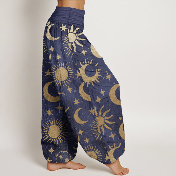 Buddha Stones Pure Cotton Crescent Moon Sun Stars Pattern Design Women's Elastic Waist Harem Pants