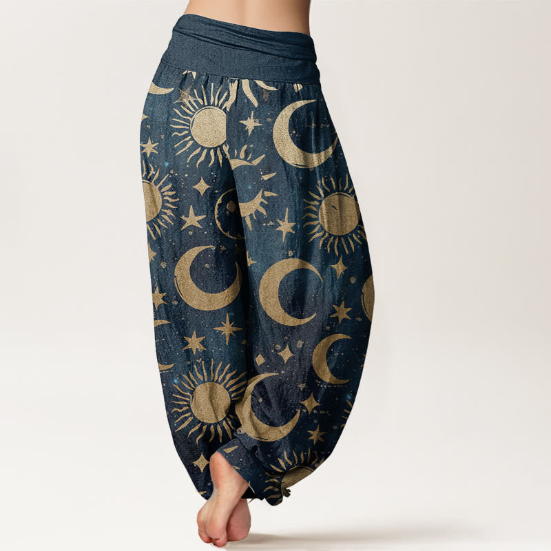 Buddha Stones Pure Cotton Crescent Moon Sun Stars Pattern Design Women's Elastic Waist Harem Pants