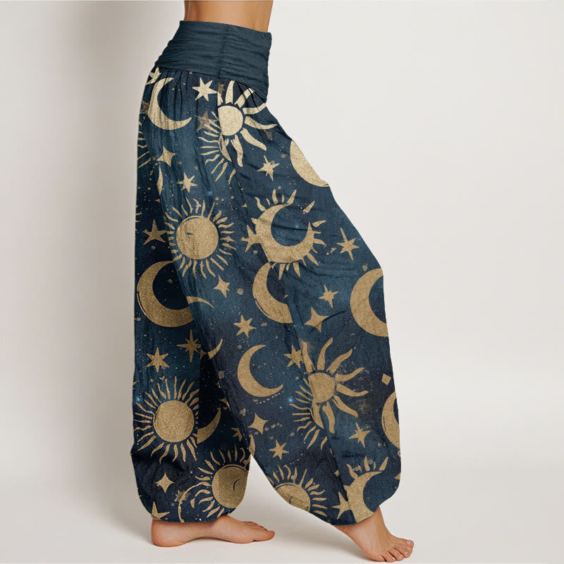 Buddha Stones Pure Cotton Crescent Moon Sun Stars Pattern Design Women's Elastic Waist Harem Pants