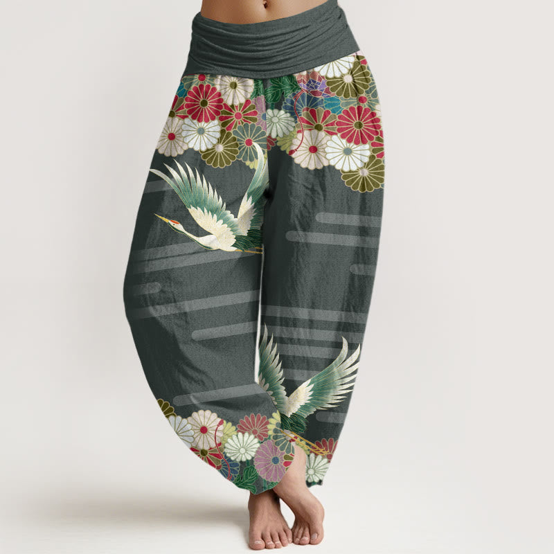 Buddha Stones Casual Crane Chrysanthemum Pattern Women's Elastic Waist Harem Pants - SeaGreen - US22,UK/AU26,EU54 (6XL) - image 5