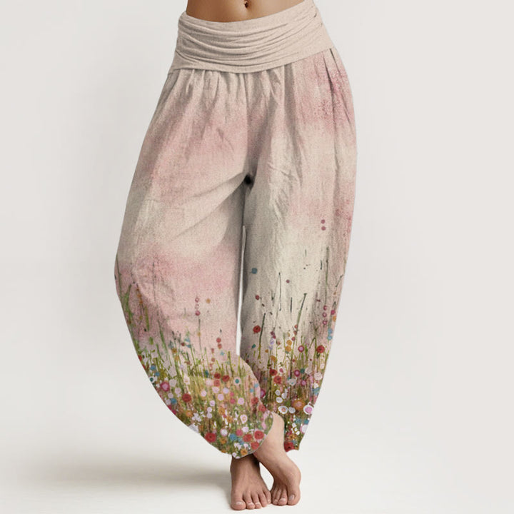 Buddha Stones Pure Cotton Casual Colorful Wildflower Field Pattern Women's Elastic Waist Harem Pants