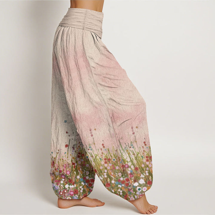 Buddha Stones Pure Cotton Casual Colorful Wildflower Field Pattern Women's Elastic Waist Harem Pants