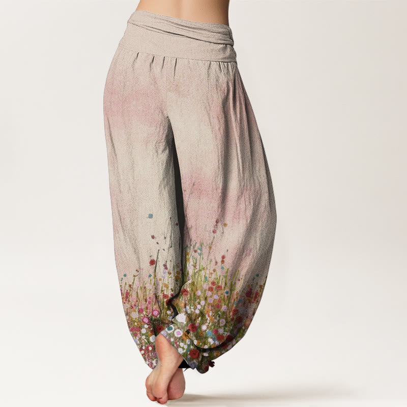 Buddha Stones Pure Cotton Casual Colorful Wildflower Field Pattern Women's Elastic Waist Harem Pants