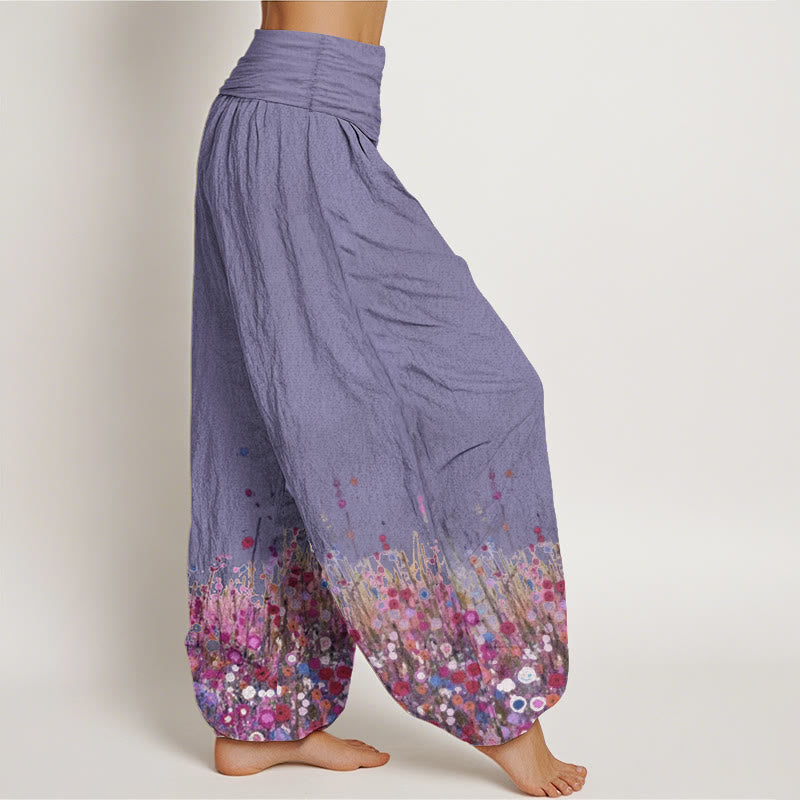 Buddha Stones Pure Cotton Casual Colorful Wildflower Field Pattern Women's Elastic Waist Harem Pants