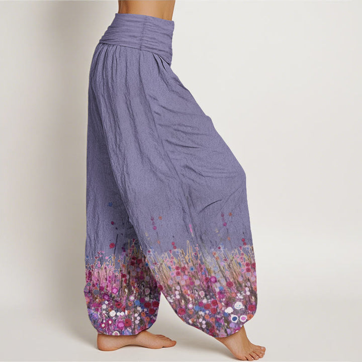 Buddha Stones Pure Cotton Casual Colorful Wildflower Field Pattern Women's Elastic Waist Harem Pants