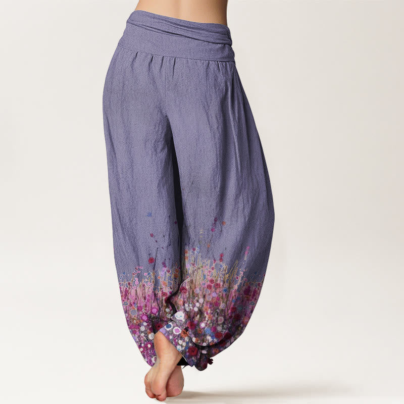 Buddha Stones Pure Cotton Casual Colorful Wildflower Field Pattern Women's Elastic Waist Harem Pants
