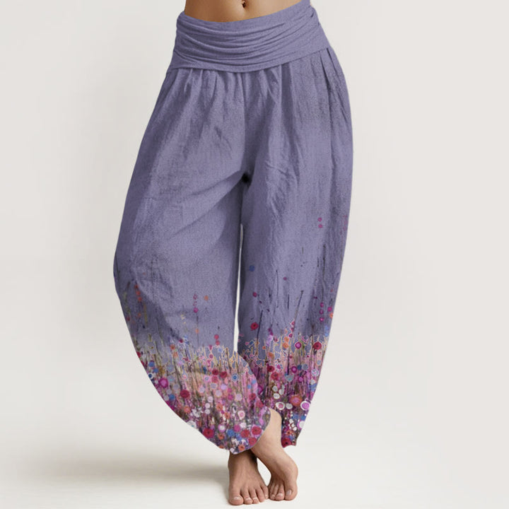 Buddha Stones Pure Cotton Casual Colorful Wildflower Field Pattern Women's Elastic Waist Harem Pants