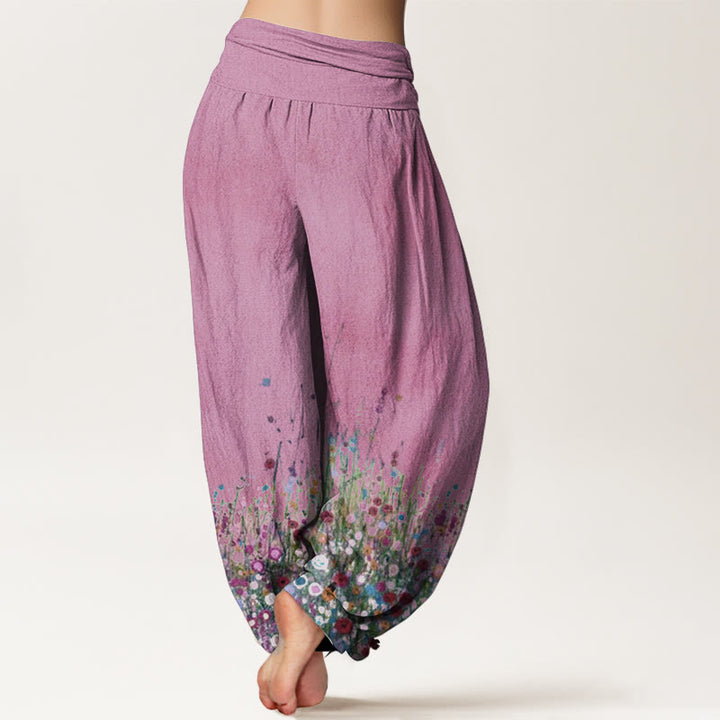 Buddha Stones Pure Cotton Casual Colorful Wildflower Field Pattern Women's Elastic Waist Harem Pants
