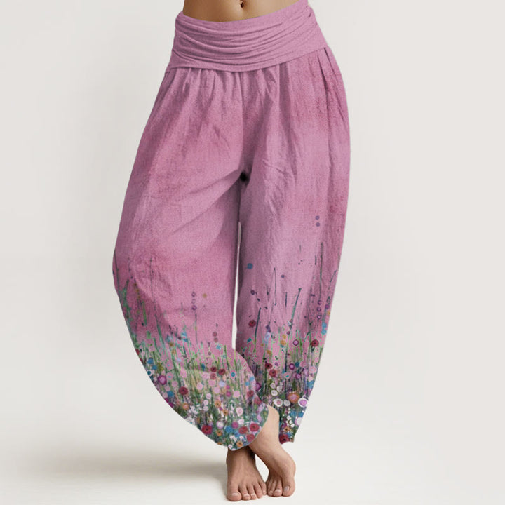 Buddha Stones Pure Cotton Casual Colorful Wildflower Field Pattern Women's Elastic Waist Harem Pants