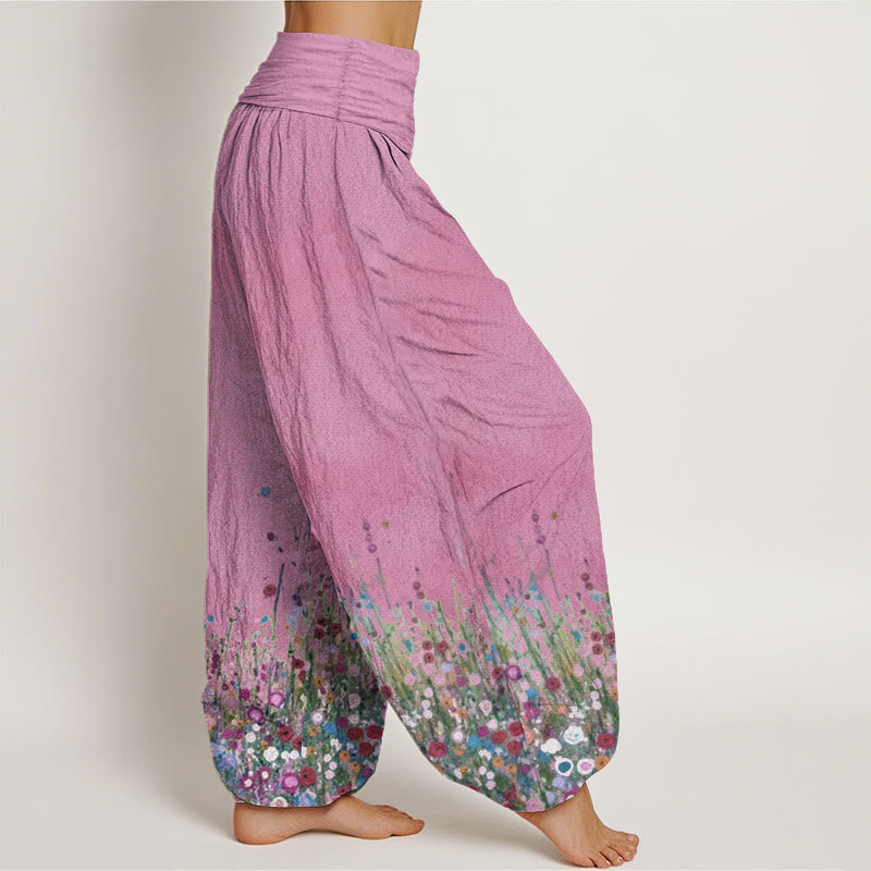Buddha Stones Pure Cotton Casual Colorful Wildflower Field Pattern Women's Elastic Waist Harem Pants