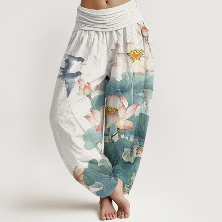 Buddha Stones Casual Summer Lotus Pond Pattern Women's Elastic Waist Harem Pants - Snow - US22,UK/AU26,EU54 (6XL) - image 1