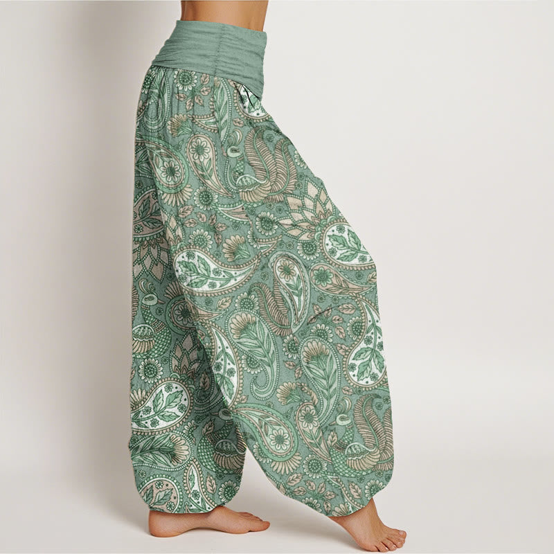 Buddha Stones Pure Cotton Cashew Flower Peacock Sunflower Design Women's Elastic Waist Harem Pants