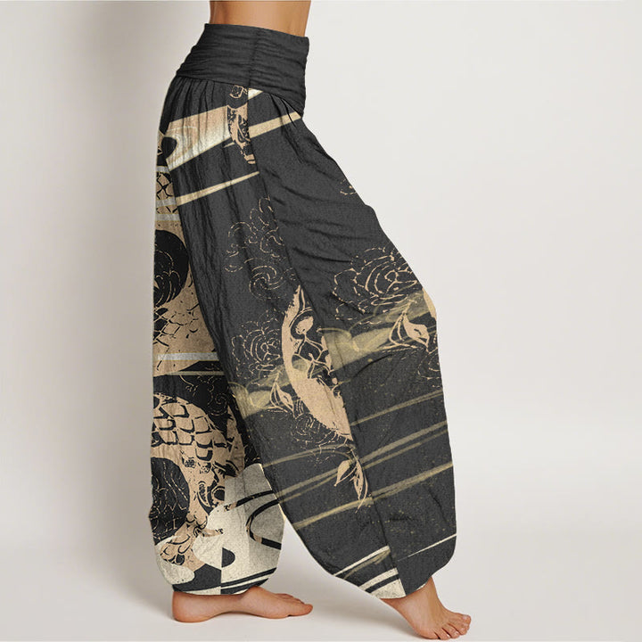 Buddha Stones Pure Cotton Auspicious Clouds With Snake Pattern Women's Elastic Waist Harem Pants