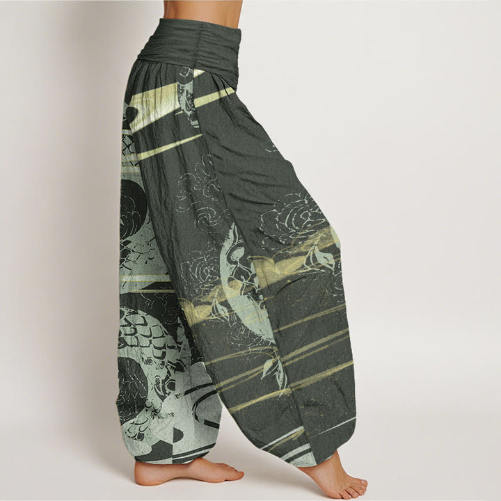 Buddha Stones Pure Cotton Auspicious Clouds With Snake Pattern Women's Elastic Waist Harem Pants