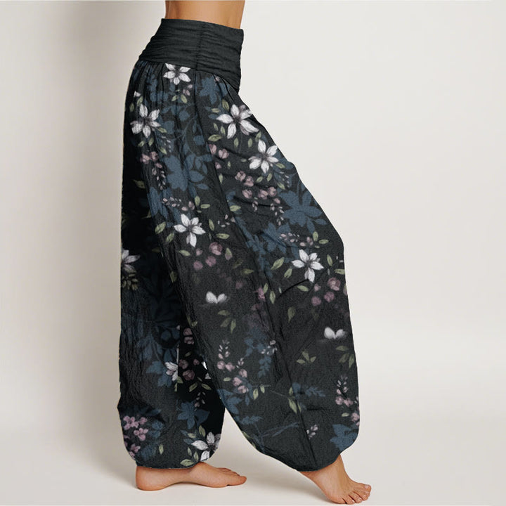 Buddha Stones Pure Cotton Small White Blossoms Green Leaves Women's Elastic Waist Harem Pants