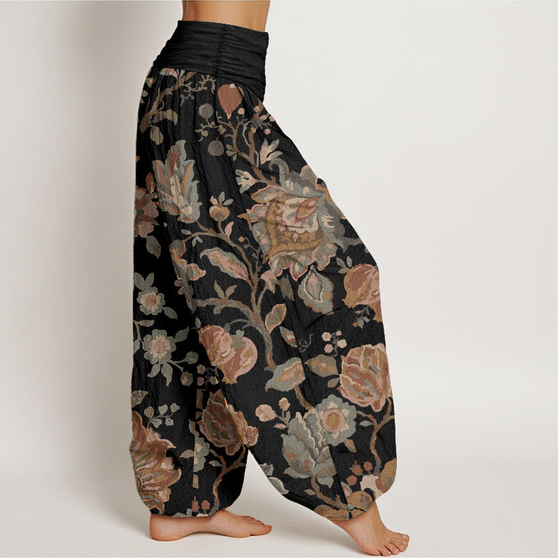 Buddha Stones Pure Cotton Casual Blooming Flowers Buds Design Women's Elastic Waist Harem Pants