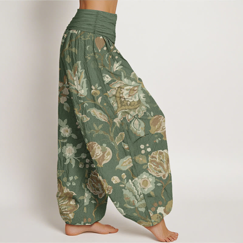 Buddha Stones Pure Cotton Casual Blooming Flowers Buds Design Women's Elastic Waist Harem Pants