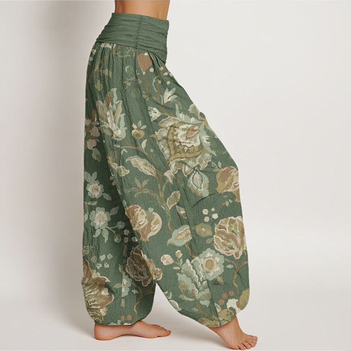 Buddha Stones Pure Cotton Casual Blooming Flowers Buds Design Women's Elastic Waist Harem Pants