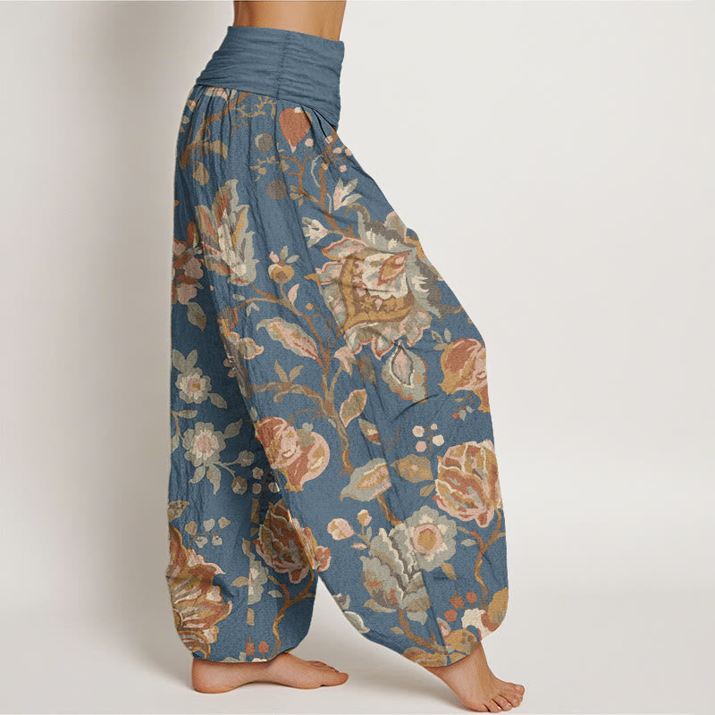 Buddha Stones Pure Cotton Casual Blooming Flowers Buds Design Women's Elastic Waist Harem Pants