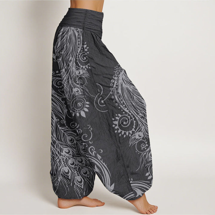 Buddha Stones Pure Cotton Casual Peacock Design Women's Elastic Waist Harem Pants