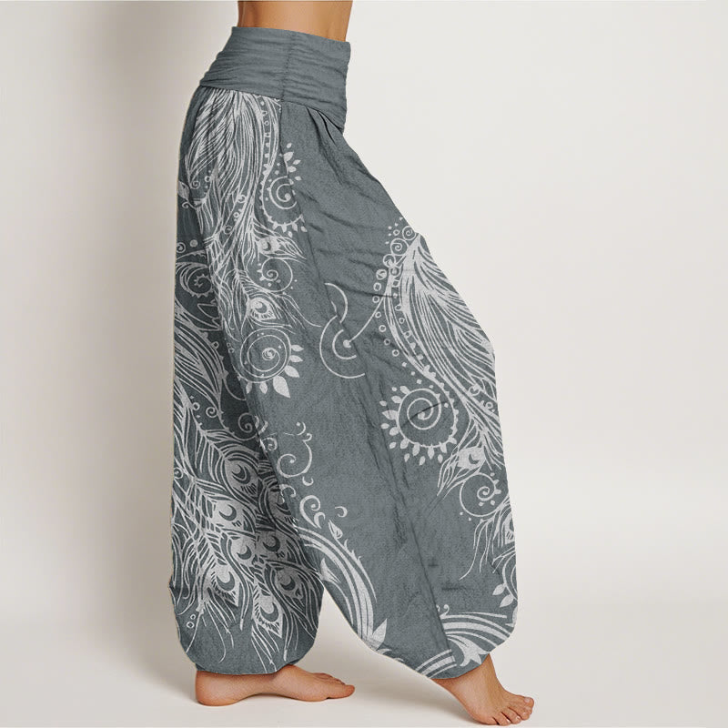 Buddha Stones Pure Cotton Casual Peacock Design Women's Elastic Waist Harem Pants