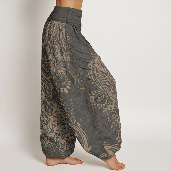 Buddha Stones Pure Cotton Casual Peacock Design Women's Elastic Waist Harem Pants