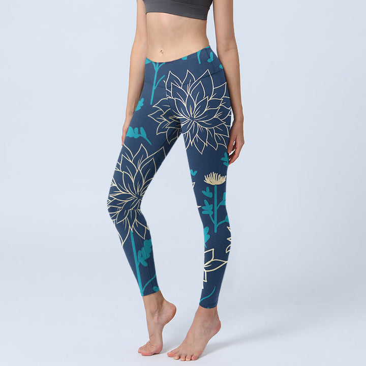Buddha Stones Beige Flowers Blue Leaves Print Gym Leggings Women's Yoga Pants - SteelBlue - US18,UK/AU22,EU50 (4XL) - image 1
