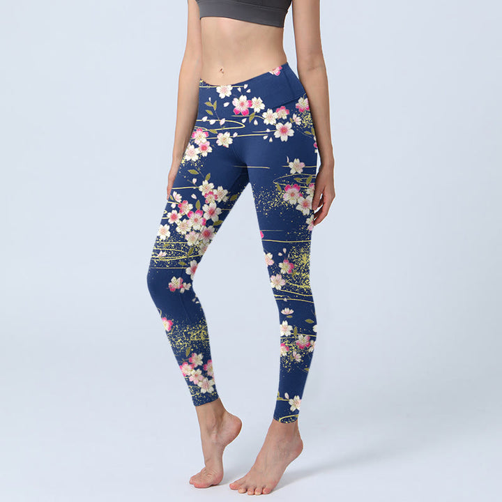 Buddha Stones Pink Magenta Flowers Green Leaves Print Gym Leggings Women's Yoga Pants - SteelBlue - US18,UK/AU22,EU50 (4XL) - image 1