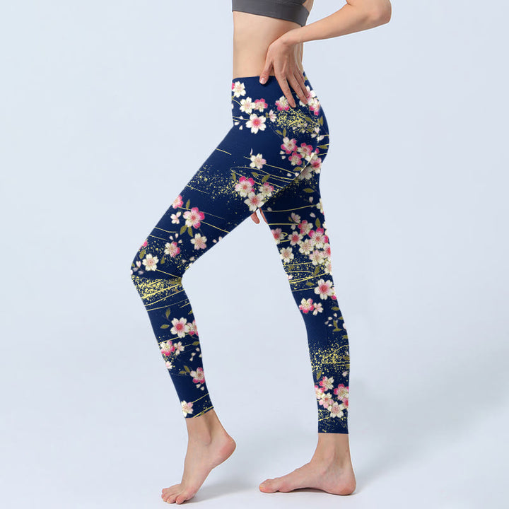 Buddha Stones Pink Magenta Flowers Green Leaves Print Gym Leggings Women's Yoga Pants - image 3