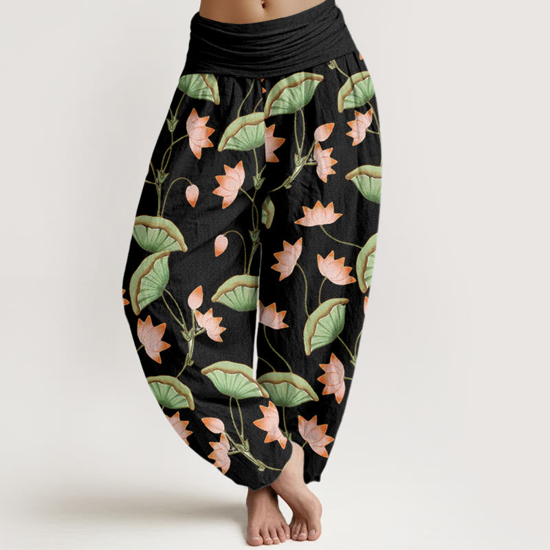 Buddha Stones Pink Lotus Flowers Lush Green Leaves Pattern Women's Elastic Waist Harem Pants - Black - US22,UK/AU26,EU54 (6XL) - image 5