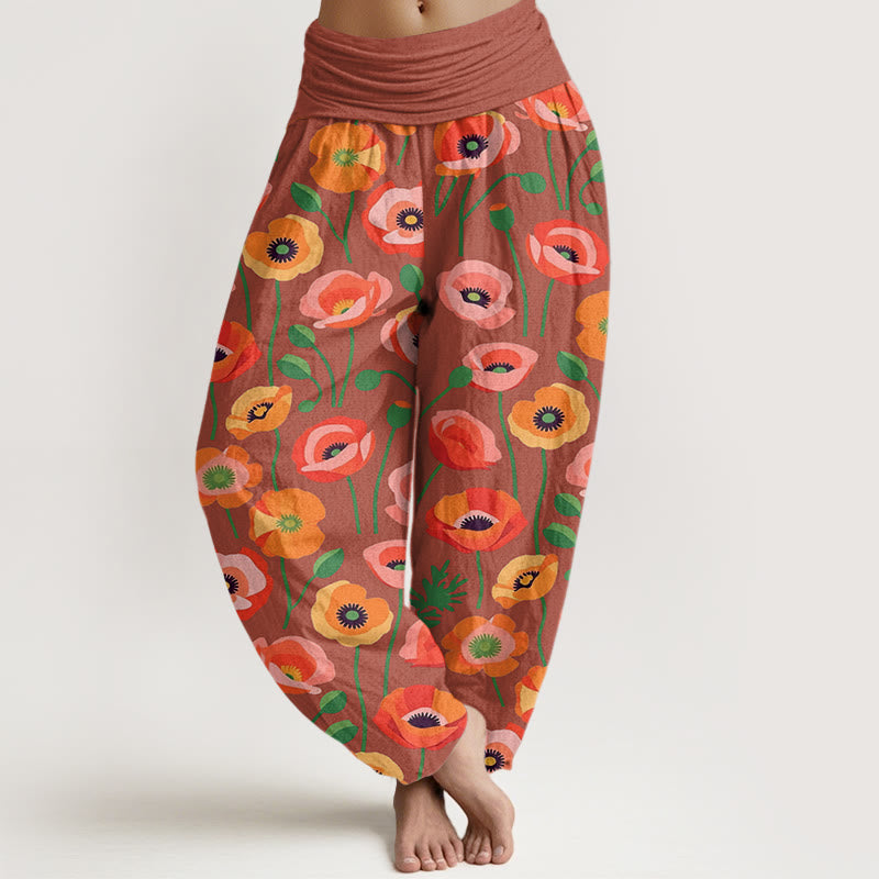 Buddha Stones Red Orange Flowers Pattern Women's Elastic Waist Harem Pants - LightCoral - US22,UK/AU26,EU54 (6XL) - image 5