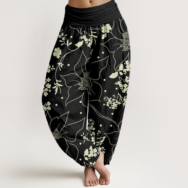 Buddha Stones Beige Large Petal Flowers Blossoms Pattern Women's Elastic Waist Harem Pants - Black - US22,UK/AU26,EU54 (6XL) - image 5