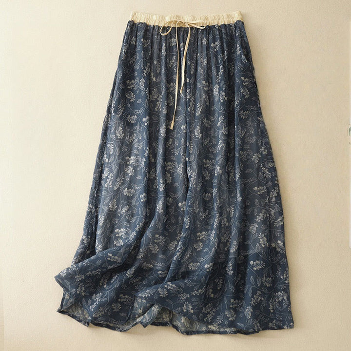 Buddha Stones Floral A-line Elastic Waist Cotton Linen Women's Skirt With Pockets